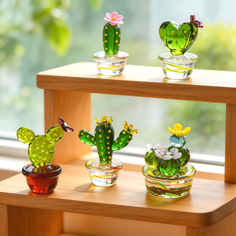 May include: A collection of glass cactus sculptures in various shapes and sizes, each with a unique flower or design. The cacti are green with yellow dots, and sit in small glass pots. The arrangement is on a wooden shelf.