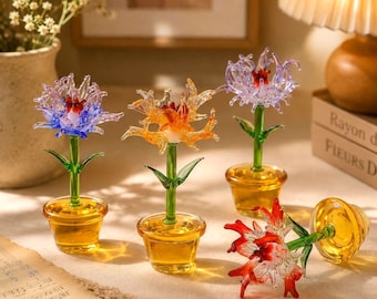 Hand Blown Mini Glass Flower Figurine, Tiny Potted Glass Floral Tabletop Ornament, Desk Shelf Decor, Gift For Flower Lovers