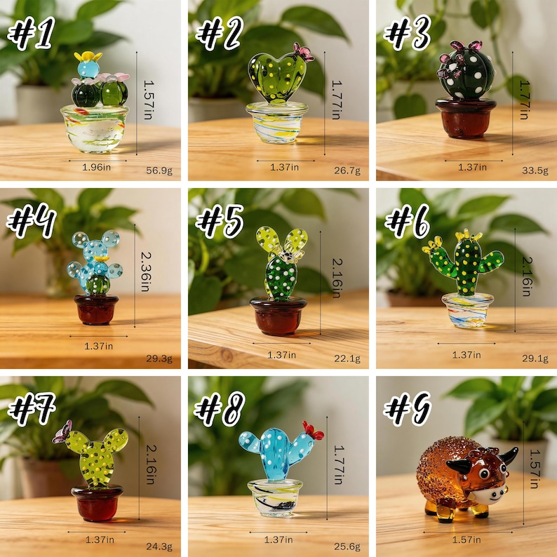 May include: A collection of nine glass cactus figurines in various colors and designs. Each cactus is displayed in a small pot or decorative base. The figurines range in height from 1.57 inches to 2.36 inches.