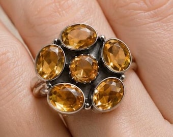 Citrine Flower Cluster Ring – Handmade 925 Sterling Silver Statement Jewelry