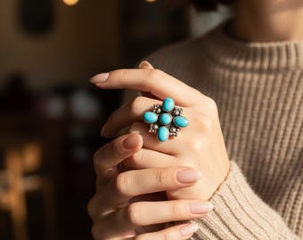 Handmade Sterling Silver Turquoise Ring – Bold Statement Jewelry with 5 Oval & Round Gemstones