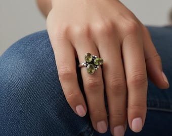 Sterling Silver Triple Garnet Ring – Bezel Set Gemstone Trio