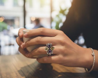 Sterling Silver Amethyst Citrine Ring – Handmade Floral Statement Jewelry