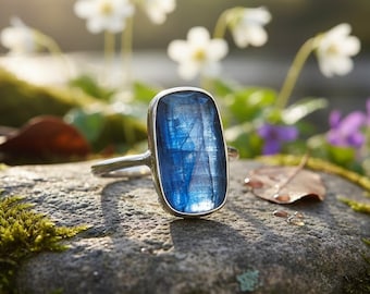 Rectangular Blue Gemstone Ring in Sterling Silver – Vertical Bezel Set Handmade Minimalist Jewelry Multistones