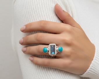Handmade Sterling Silver Triple Stone Ring – Rectangular Gem & Moonstone