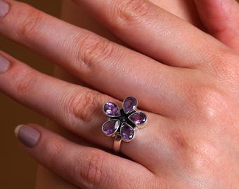 Elegant Amethyst Flower Ring - Handmade Gemstone Jewelry