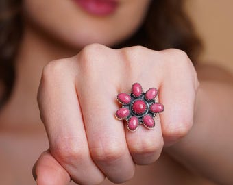 Thulite Flower Ring – Sterling Silver Boho Statement Jewelry