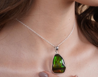 Ammolite Pendant Necklace Natural Ammolite Gemstone Sterling Silver Handmade Jewelry Gift for Women