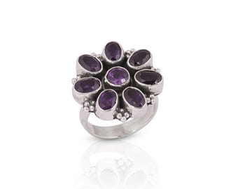 Sterling Silver Purple Gemstone Flower Ring – Handmade Artisan Jewelry