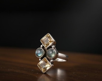 Handmade Sterling Silver Labradorite Citrine Ring – Vintage Floral Gemstone Statement