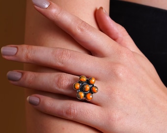 Handmade Orange Bead Flower Ring | Silver-Toned Boho Statement Jewelry