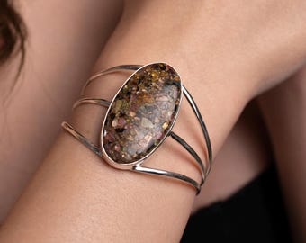Silver Cuff Bracelet with Oval Maligano Jasper Gemstone - Handmade Jewelry