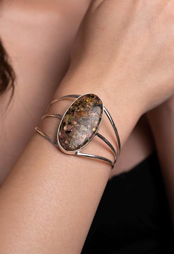 Silver Cuff Bracelet with Oval Maligano Jasper Gemstone - Handmade Jewelry