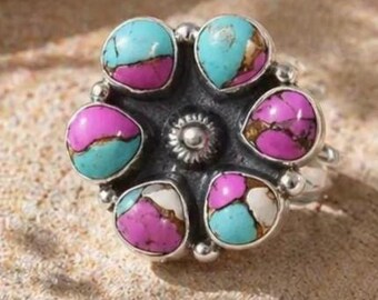 Handmade Cotton Candy Turquoise Flower Ring – Pink & Blue Boho Jewelry