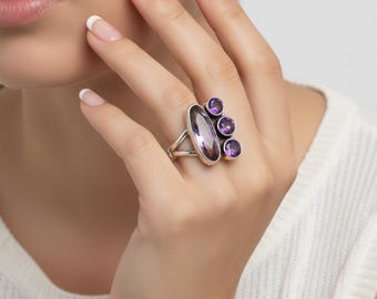 Amethyst Ring in Sterling Silver – Oval Center with Curved Round Gemstone Accents Handmade Jewelry