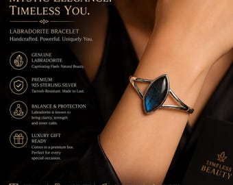 Pulsera de labradorita hecha a mano: brazalete de plata de ley con piedra marquesa y gema azul brillante.