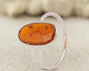 Handmade Sterling Silver Oval Gemstone Ring - Rose Quartz, Amber, Rhodochrosite