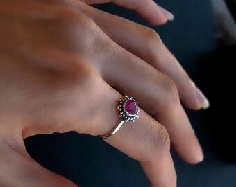 Ruby Halo Ring – Round Gemstone with Clear Accents, Handmade Statement Jewelry