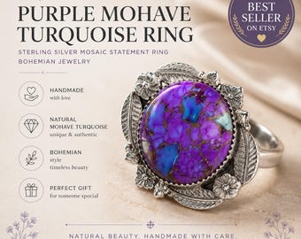 Purple Mohave Turquoise Ring Sterling Silver Mosaic Statement Ring Handmade Bohemian Jewelry