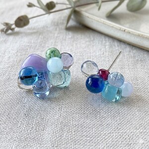 Glass Pebble Cluster Earrings – Iridescent Sea Glass Style, Minimalist Bubble Studs