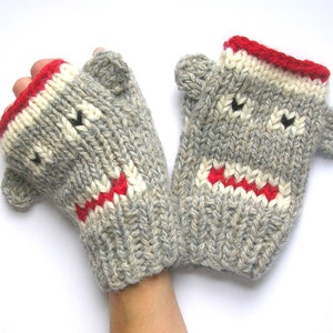 Digital Download Fingerless Monkey Mitten Knitting Pattern, Sock Monkeys Knitting Pattern in 4 Sizes, Instant PDF Download image 2