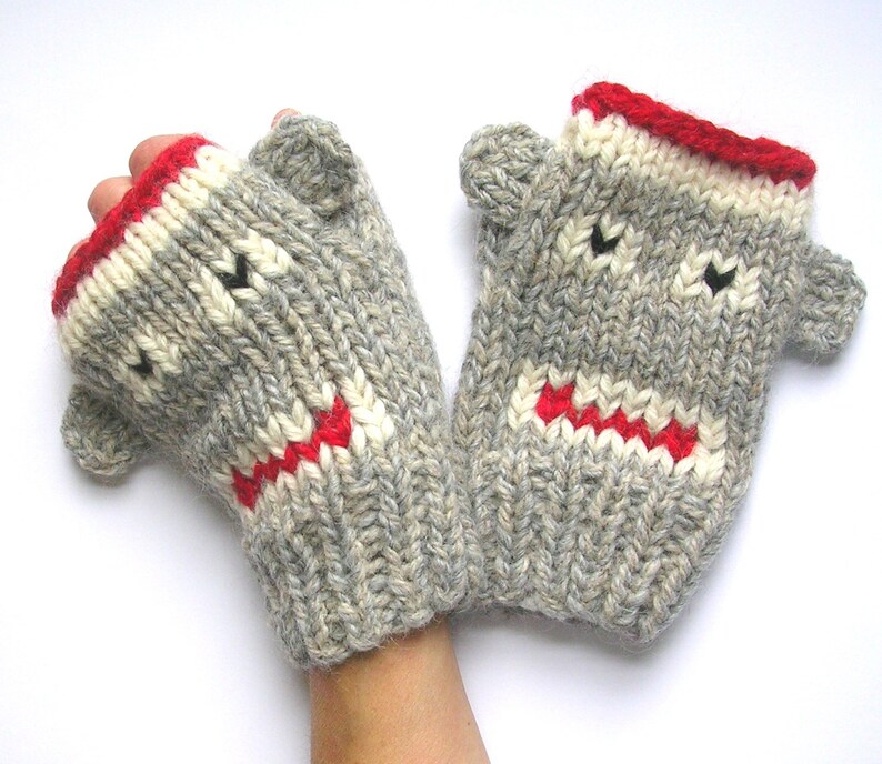 Digital Download Fingerless Monkey Mitten Knitting Pattern, Sock Monkeys Knitting Pattern in 4 Sizes, Instant PDF Download image 2