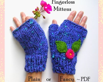 Knitting Pattern Digital Download Fingerless Gloves,  Fingeless Mitten Pattern, 4 Sizes, PDF 9 page pattern, Bonus Fancy Appliques included