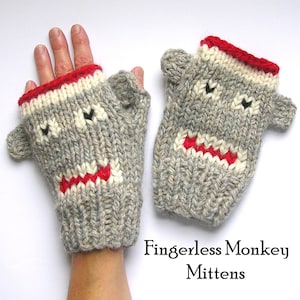 Digital Download Fingerless Monkey Mitten Knitting Pattern, Sock Monkeys Knitting Pattern in 4 Sizes, Instant PDF Download image 1