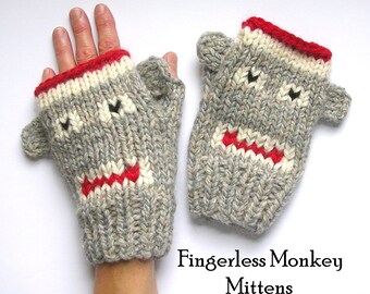 Digital Download Fingerless Monkey Mitten Knitting Pattern, Sock Monkeys Knitting Pattern in 4 Sizes, Instant PDF Download