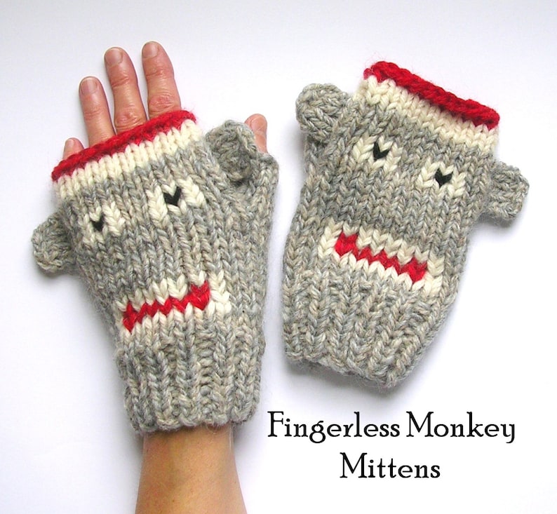 Digital Download Fingerless Monkey Mitten Knitting Pattern, Sock Monkeys Knitting Pattern in 4 Sizes, Instant PDF Download image 1