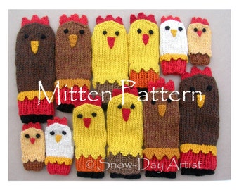 Digital Download Chicken Mitten Pattern, Instant download, Knit Chicken Mittens for the whole gang!