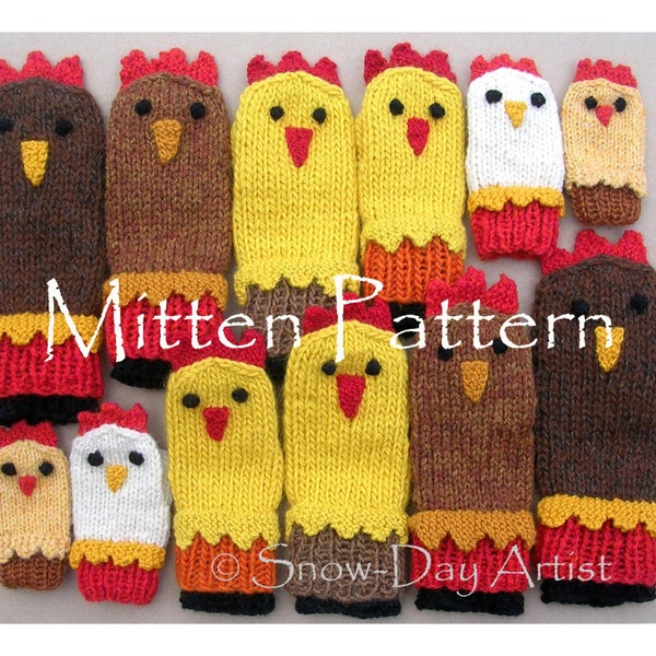 Digital Download Chicken Mitten Pattern, Instant download, Knit Chicken Mittens for the whole gang!