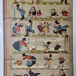 May include: Vintage children's game board with colorful illustrations depicting a sequence of events. The artwork features numbered scenes with figures in various poses, set against a neutral background. The game board is made of cardboard.