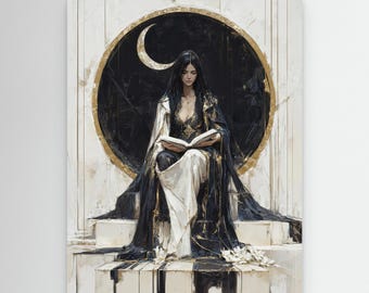 Stampa artistica da parete con maestosi tarocchi su tela con cornice fluttuante, raffigurante la Papessa e il simbolismo rituale del portale lunare in tonalità tenui.