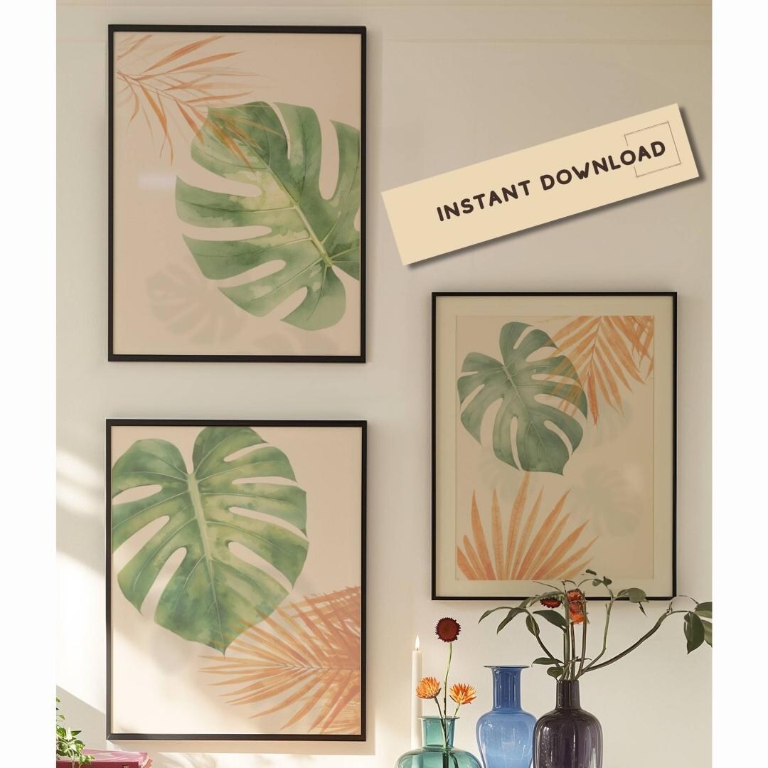 Soft Green Botanical Wall Art Set of 3, Neutral Palm Leaf Printable ...