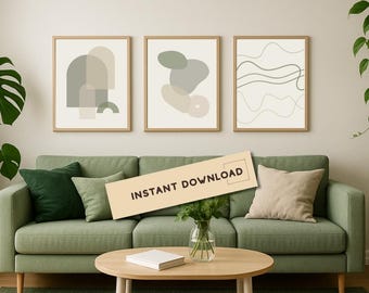 Abstract Wall Art Set of 3, Sage Green Prints Bundle, Modern Neutral Art, Gallery Wall Decor Download