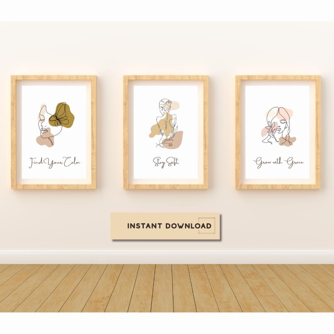 Minimalist Woman Line Art Set of 3, Mindful Boho Wall Art, Self Care ...