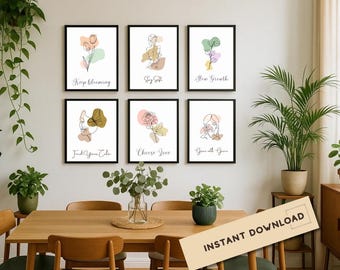 Botanical Line Art Print Set of 6, Floral Plant Poster Bundle, Slow Growth Quote Prints, Inspirational Home Decor Download