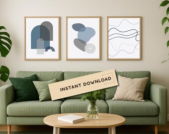 Blue and Grey Abstract Wall Art Set of 3, Modern Minimalist Prints, Navy Blue Geometric Art, Office Decor, Printable Digital Download