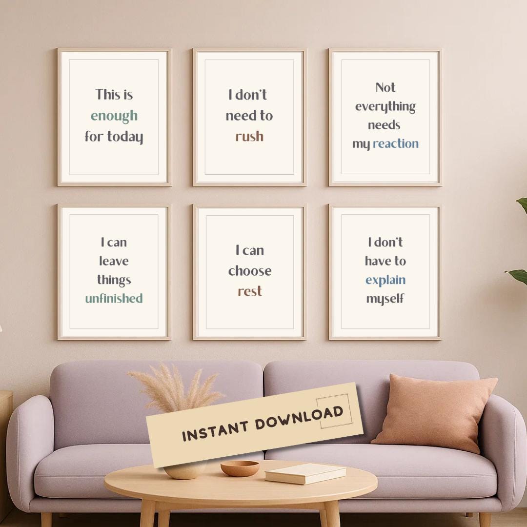 Simple Typography Wall Art Set of 6, Calm Neutral Affirmation Printable ...