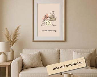 Impressão artística de parede com piano, arte minimalista com linhas musicais, pôster abstrato neutro, arte com citação inspiradora, Viva em Harmonia (download)