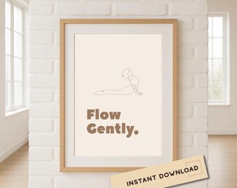 Minimal Yoga Line Art Printable, Neutral Zen Wall Art, Mindfulness Quote Decor, Flow Gently Yoga Poster