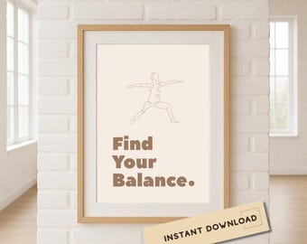 Minimal Yoga Line Art Printable, Neutral Zen Wall Art, Mindfulness Quote Decor, Find Your Balance Poster