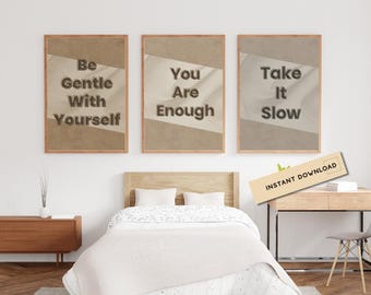 Neutral Quote Wall Art Set of 3, Beige Minimalist Prints, Modern Typography Posters, Self Care Decor Bundle Download