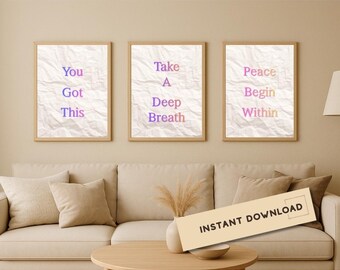Motivational Wall Art Set of 3, Calming Positive Quote Prints, Pastel Crumpled Paper Art, Minimalist Decor Download