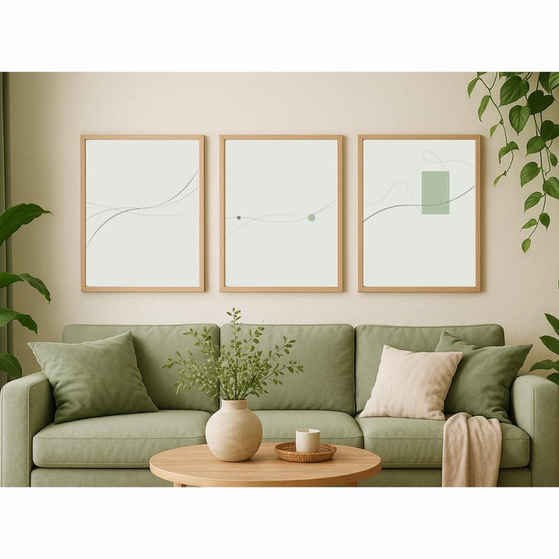 Sage Green Abstract Line Art Set of 3, Japandi Wall Art Prints, Minimal ...