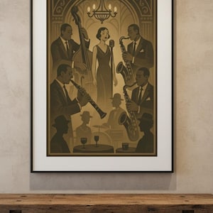 May include: A framed sepia print showcases a jazz band in a dimly lit venue. The ensemble features a singer, double bass, clarinet, and saxophones. Silhouettes of patrons are seated at tables, enhancing the atmosphere. The artwork is displayed on a wooden bench.