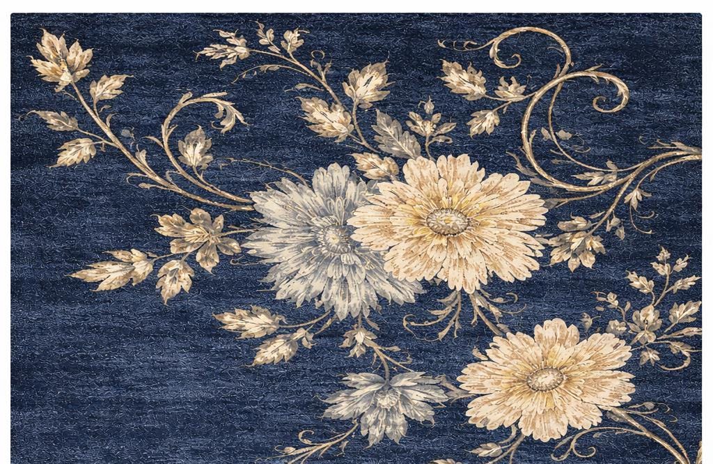 Luxury Navy Blue Floral Rug, Hand Tufted Area Rug, Modern Gold Ivory ...