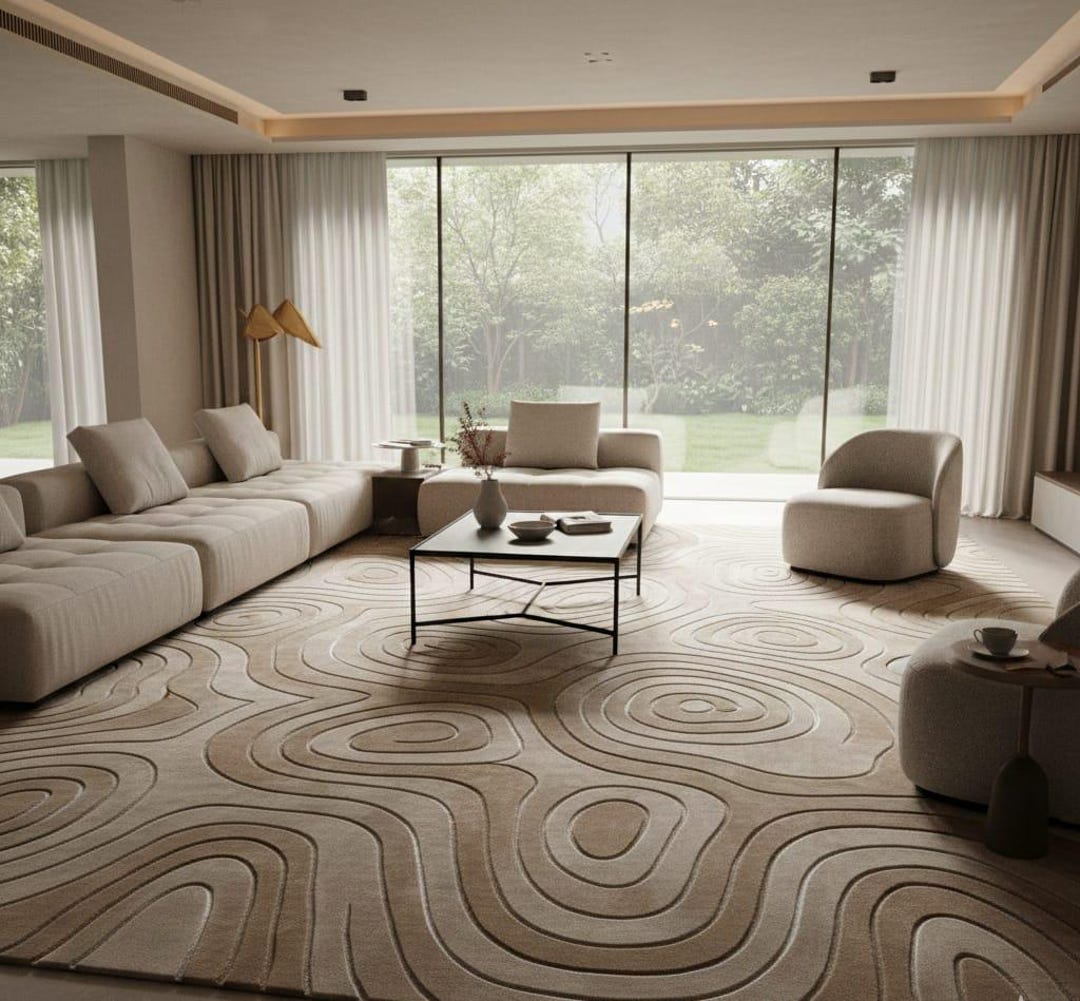 Detailed Rug Handmade Tufted Wool Rug: Modern Contour Line, Sculpted Neutral Carpet ...