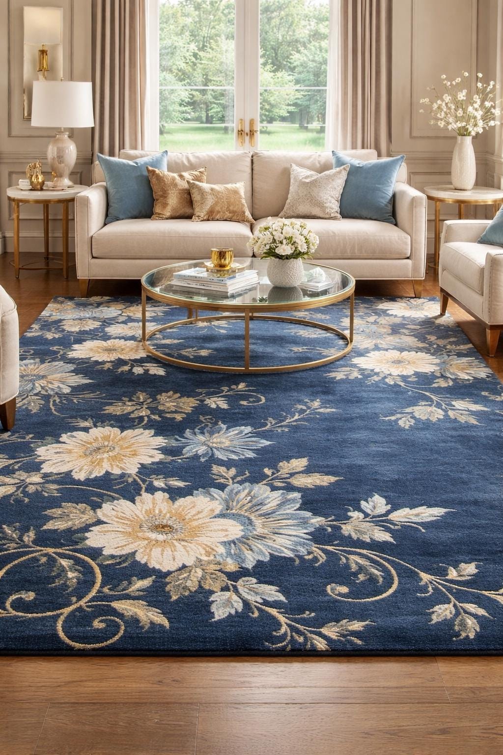 Luxury Navy Blue Floral Rug, Hand Tufted Area Rug, Modern Gold Ivory ...